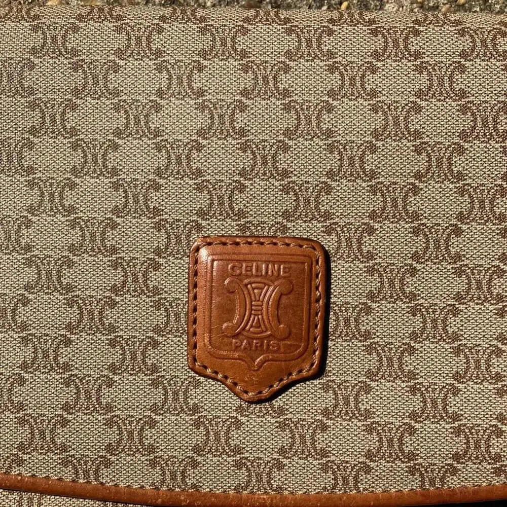 Celine Beige & Brown Logo Canvas Fold-Over Clutch